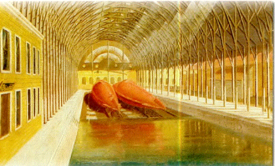 Taşkızak Tersanesi’nde Abdülmecid ^e Abdülhamid denizaltı]armı gösteren bir tablo